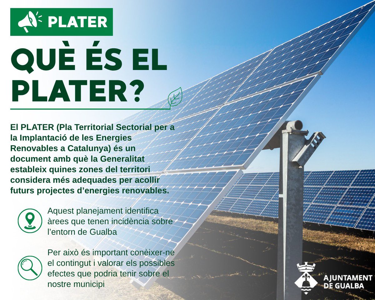 gualbainfo's tweet photo. Què és el #PLATER i com pot afectar Gualba?

La Generalitat està definint àrees per a futurs projectes d’energies renovables, algunes amb incidència al nostre entorn.

📄 Més informació a la web de l’Ajuntament.

#Gualba #Territori #AjuntamentdeGualba https://t.co/8cU14BDFCz