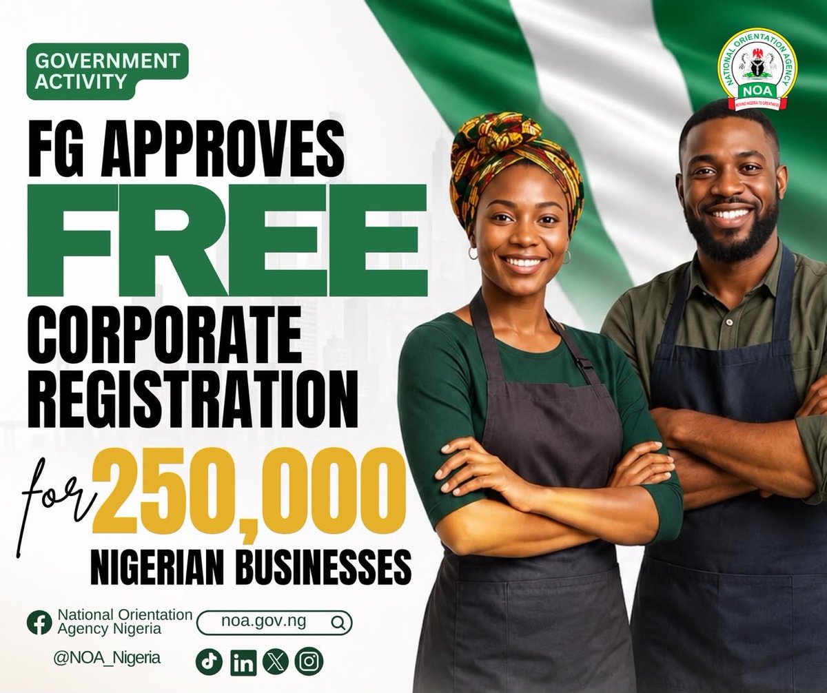 NOA_Nigeria's tweet photo. FG Commences Free Business Registration for 250,000 Businesses Nationwide

Click https://t.co/2G2jAtarIJ to read more https://t.co/40WnH28q8v