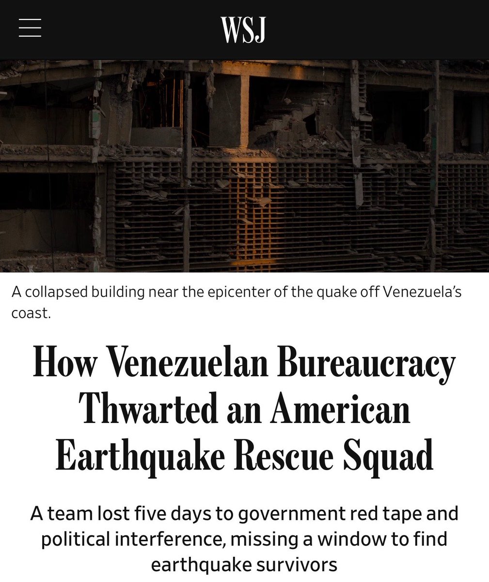 CATERINAV's tweet photo. #10Jul WSJ: “Cómo la burocracia venezolana obstaculizó a un equipo estadounidense de rescate tras el terremoto
Un equipo perdió cinco días debido a la burocracia gubernamental y a la interferencia política, perdiendo así la oportunidad de encontrar supervivientes del terremoto”. https://t.co/TAnAVUP8DQ