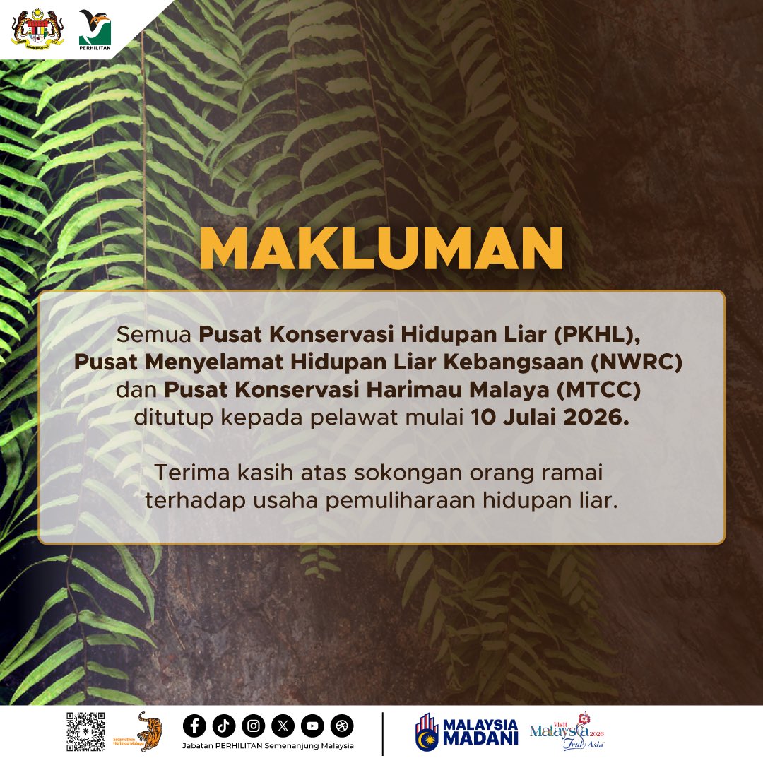 PERHILITAN's tweet photo. MAKLUMAN PENTING

Semua Pusat Konservasi Hidupan Liar (PKHL), Pusat Menyelamat Hidupan Liar Kebangsaan (NWRC) dan Pusat Konservasi Harimau Malaya (MTCC) ditutup kepada pelawat mulai 10 Julai 2026.

Terima kasih atas sokongan anda terhadap usaha pemuliharaan hidupan liar. 🐾🌿 https://t.co/9p1D4ZThQK