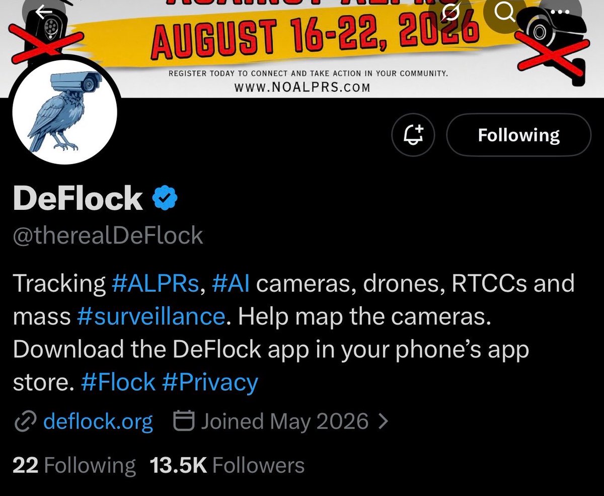 APBear76's tweet photo. I stumbled across @therealDeFlock after they stumbled across one of my anti APLR Flock posts. I rarely promote accounts but this one needs to hit the stratosphere with followers and getting more people informed about these flock cameras that are impeding our rights. https://t.co/Q4ZdShLeKx
