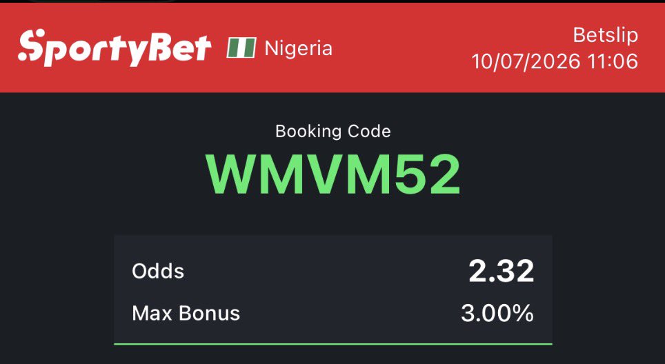 t_leinad's tweet photo. 🎯BET OF THE DAY ON SPORTYBET 

🎟️ Code: WMVM52 

Bet Responsible 🔞 https://t.co/oOChzXs4F4