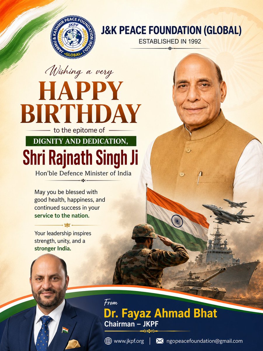 jkpforg's tweet photo. J&amp;K Peace Foundation (Global) Extends Heartfelt Birthday Greetings to Hon'ble Defence Minister Shri Rajnath Singh Ji

#PressNote #JKPeaceFoundation #JKPF #HappyBirthdayRajnathSinghJi #RajnathSingh #DefenceMinister #GovernmentOfIndia #NationalSecurity #Leadership #PublicService https://t.co/pG32OoNw3U