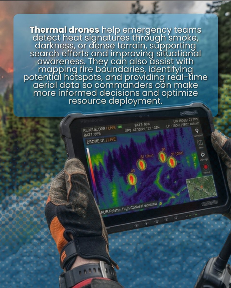 ZenadroneInc's tweet photo. Disaster response drones equipped with thermal imaging can support wildfire operations by providing real-time aerial data.

#ZenaDrone #ZenaTech #DroneTechnology #ThermalDrones #SearchAndRescue #EmergencyResponse #WildfireRescue #ThermalImaging #FirstResponders #DroneTechnology https://t.co/xsoSUAYbVX