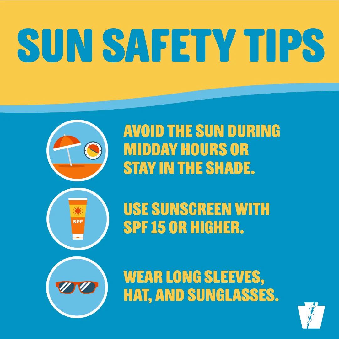 Sun safety tips advising to avoid midday sun or stay in shade for protection.