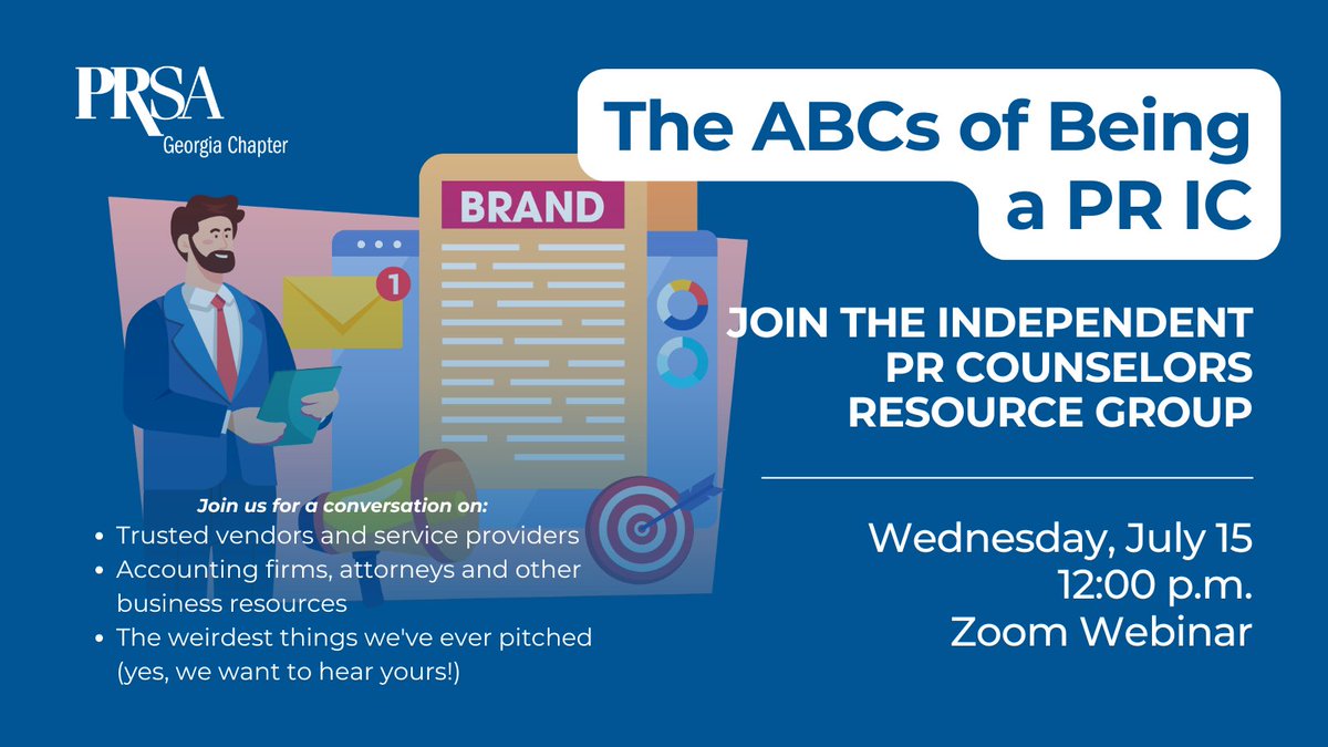 prsageorgia's tweet photo. Need trusted vendor recommendations? Have a memorable PR pitch story to share?

Join the PRSA Georgia Independent Counselors Resource Group on July 15 for The ABCs of Being a PR IC. Open to all PR pros!

💻 Zoom
💲$5 members | $10 nonmembers
https://t.co/zFoESqOoUV https://t.co/jRX6vL3I4I