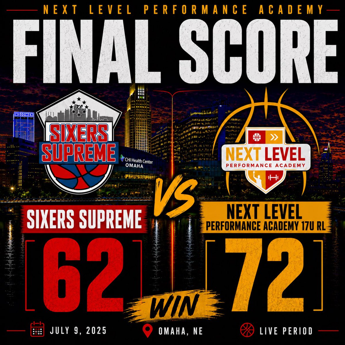 NXTLVL_PA's tweet photo. 🏀 FINAL 🏀 
📍 Omaha, NE (DAY 1)

✅ NLPA 17U RL – 72
🔹 Sixers Supreme – 62

@benweiss_11 (23pts, 3rbs, 3ast)
@Qmatlocktolson (17pts, 4rbs)
@t_bush21 (12pts, 6rbs, 3stl, 3ast)
@MalikWilliams1s (12pts, 4rbs) https://t.co/Gv1nuIlhCh