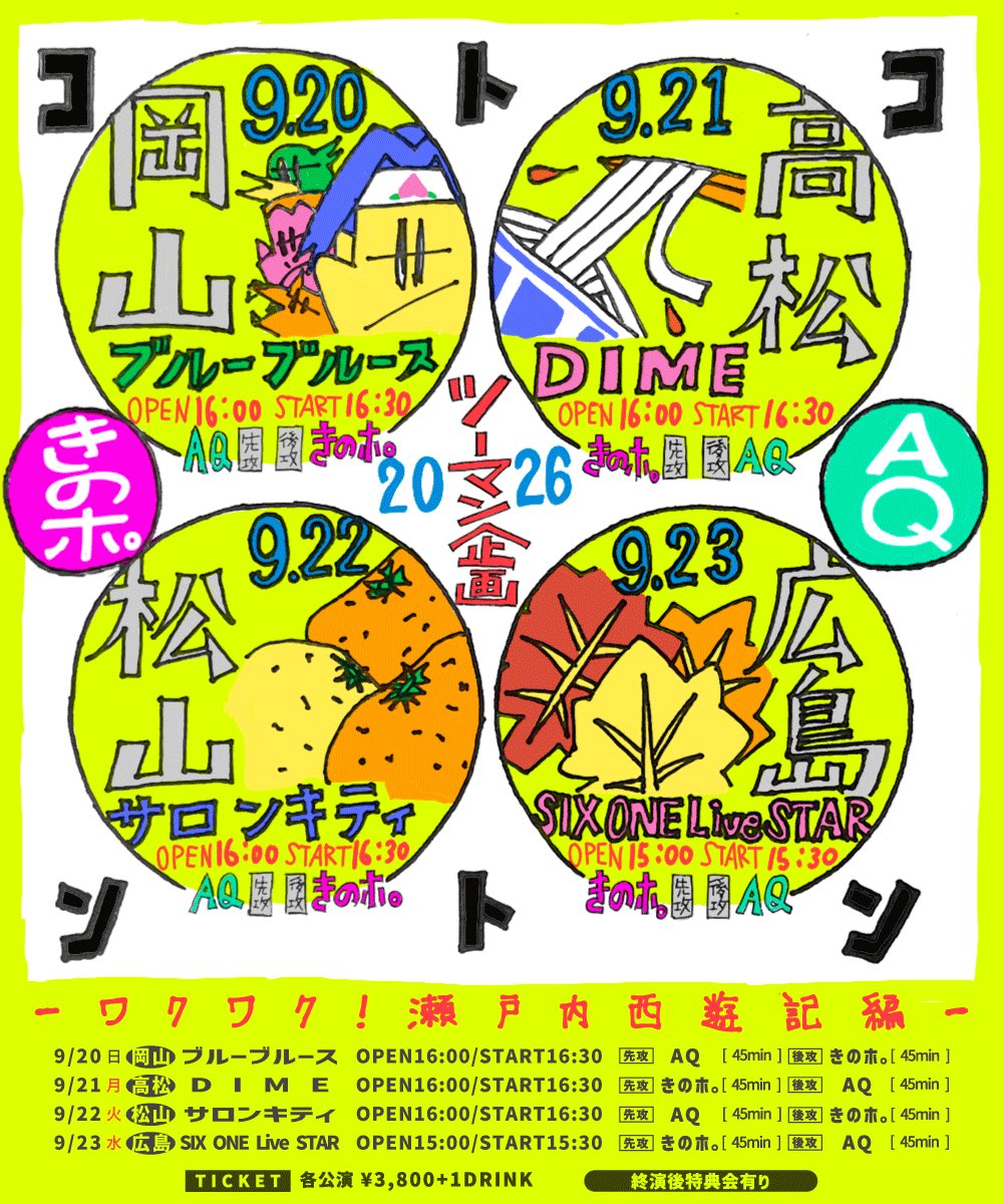 kinopo_idol's tweet photo. 【🍄ライブ情報解禁♾️】

きのホ。× AQ ツーマン企画
コトコントン~ワクワク！瀬戸内西遊記編~

🍑9/20(日) 岡山ブルーブルース(岡山県)
OPEN 16:00 / START 16:30

🫒9/21(月祝) 高松DIME(香川県)
OPEN 16:00 / START 16:30

🍊9/22(火祝) 松山サロンキティ(愛媛県)
OPEN 16:00 / START 16:30

🍁9/23(水祝) 広島SIX ONE Live STAR(広島県)
OPEN 15:00 / START 15:30

〈🎫チケット〉
前売抽選¥3,800
https://t.co/TFj8BeNKeH

受付期間:7/11(土) 18:00～7/20(月) 23:59
抽選結果発表:7/21(火) 18:00

きのホ。AQの旅は瀬戸内へ🐵
コトコントンを巻き起こしに行きます❣️

#きのポ #AQ