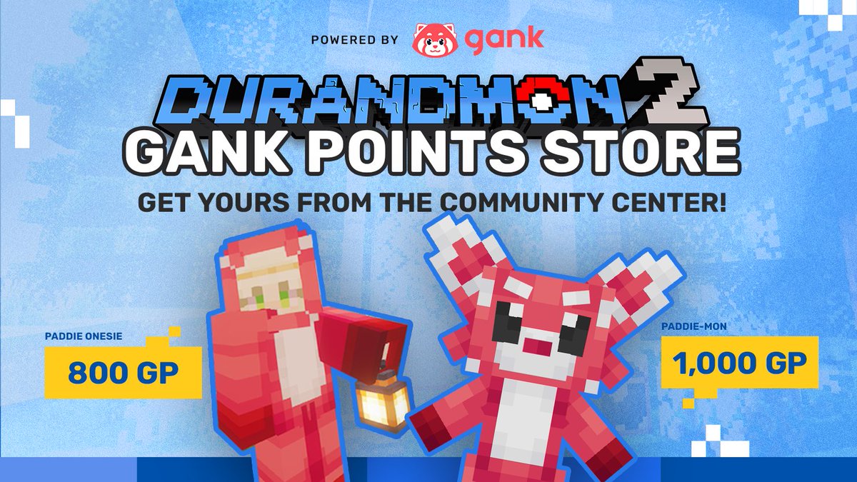 durandmon's tweet photo. The Gank Points Store just went live and the first two drops are here 👀 Trainers, time to get your Paddie Onesie and Paddie-mon at the @ganknow Community Center in the spawn area!

If you've been stacking up GP, now's your chance to spend it and rep some Paddie merch in-game 💚

#Durandmon