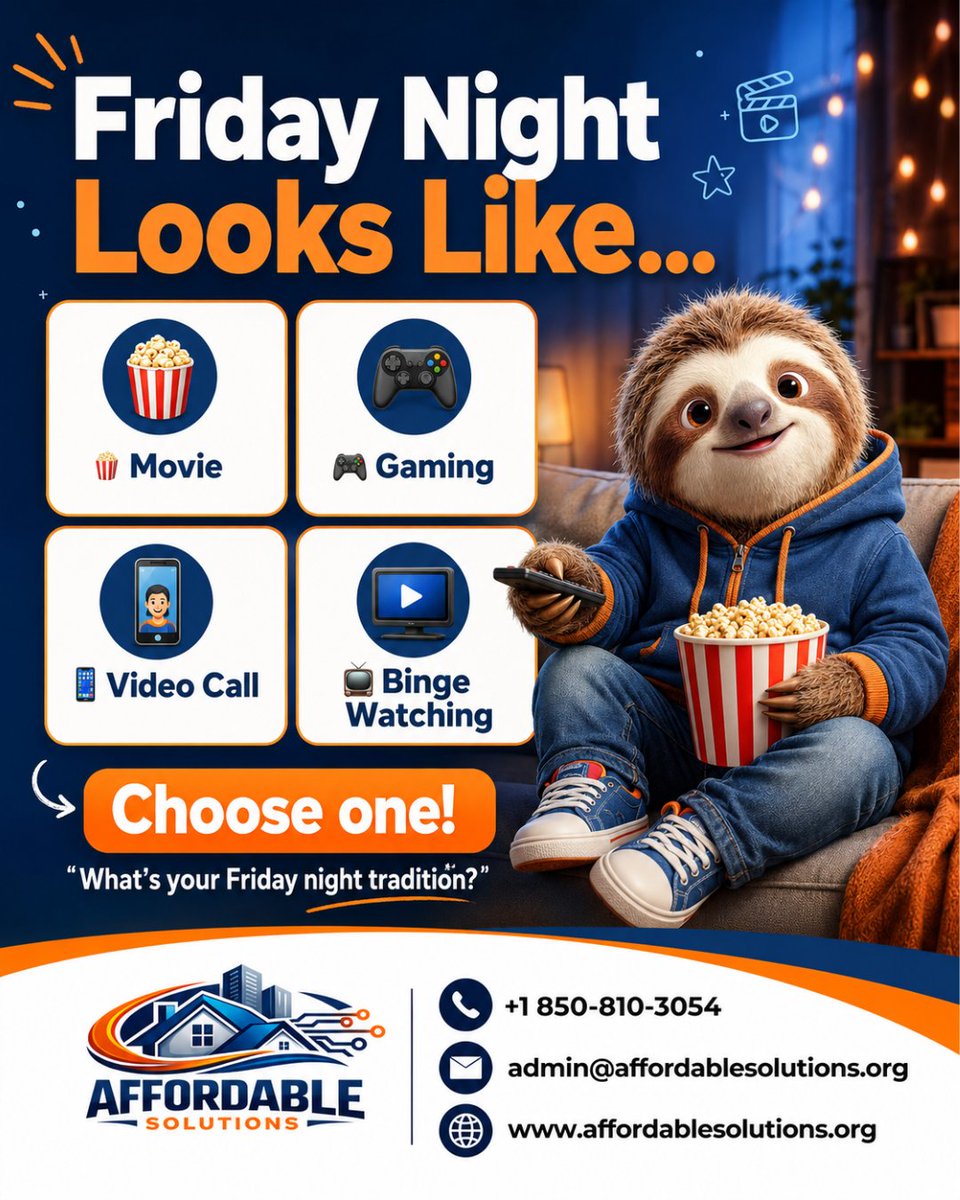 Affordable43652's tweet photo. Friday is finally here! How are you spending your night?
Call: (850) 660-7494
Visit: https://t.co/LZotzNAqAF
Email us at: admin@affordablesolutions.org
#FridayNight #WeekendVibes #FridayFeels #MovieNight #GamingLife #BingeWatching #Streaming #VideoCall #WeekendReady https://t.co/2PYzp3H0JC