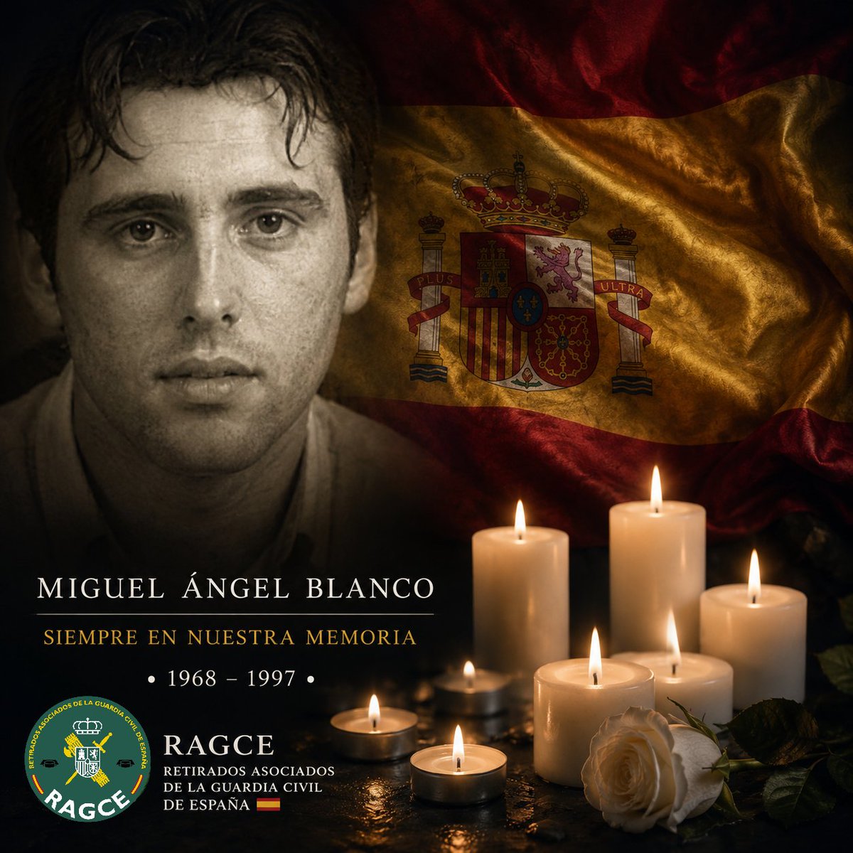 RAGCEasociados's tweet photo. Hoy recordamos a Miguel Ángel Blanco, secuestrado y asesinado por ETA hace 29 años.
Desde RAGCE rendimos homenaje a todas las víctimas del terrorismo y a quienes, desde la @guardiacivil, defendieron España con entrega y sacrificio.
#NiOlvidoNiPerdón
#SiempreGuardiaCivil https://t.co/hfTSYbmHoX