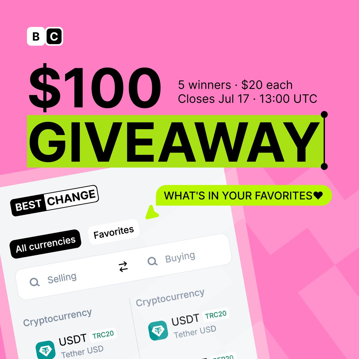 bestchangeeng's tweet photo. $100 Giveaway—What’s in your Favorites? ⭐️

Head over to https://t.co/MshHNvD2Xb, add your top 3 exchange pairs to Favorites and show us your picks!

To enter:
1️⃣ Follow us + Like + RT
2️⃣ Go to https://t.co/MshHNvD2Xb → add your 3 favorite exchange pairs
3️⃣ Drop a screenshot of your Favorites tab in the comments + tag 3 friends

🎲 5 random winners—$20 each

⏰ Closes Jul 17, 13:00 UTC. GL!