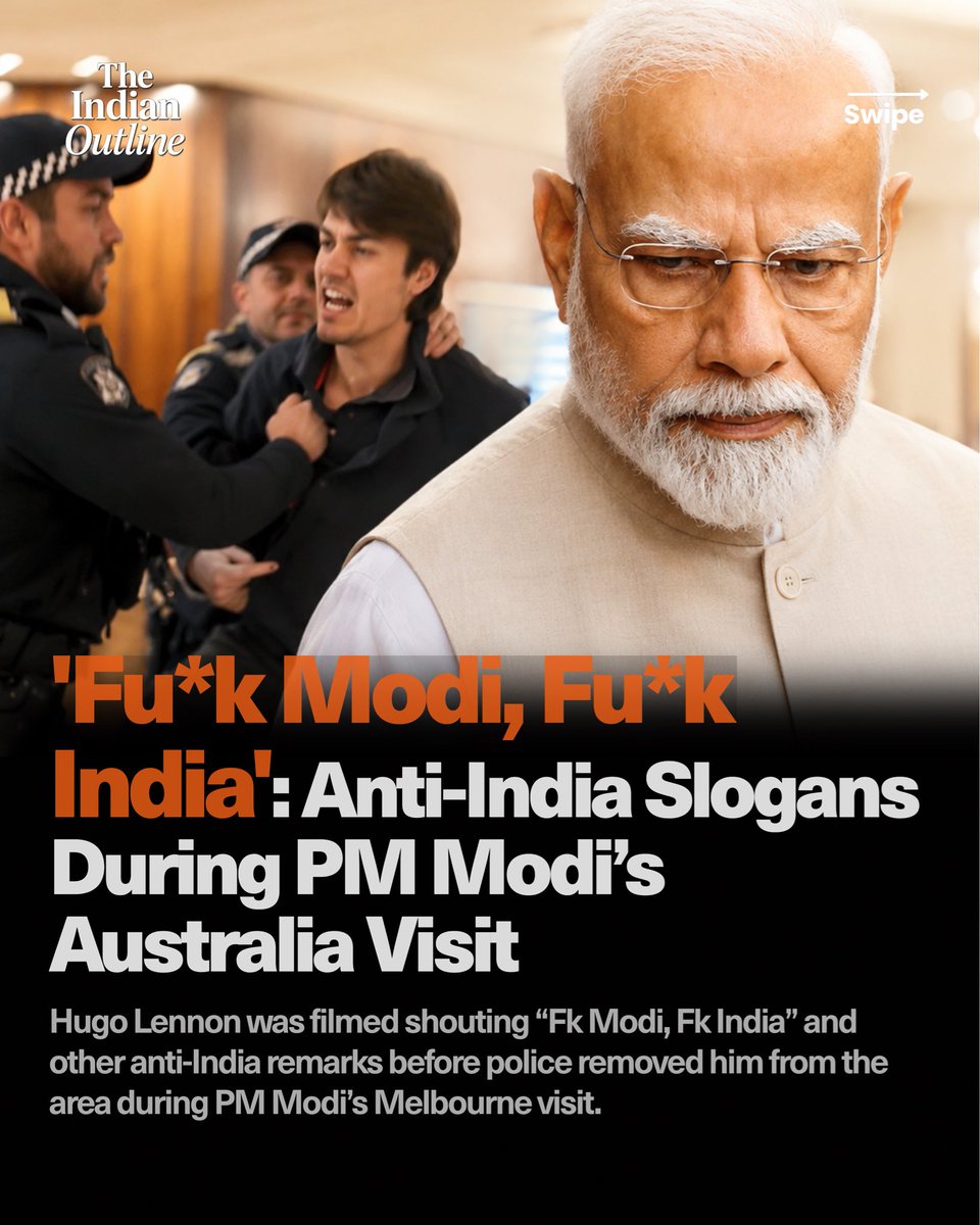 IndianOutline's tweet photo. Australian influencer Hugo Lennon shared a video of himself shouting abusive slogans targeting PM Narendra Modi and India near the hotel where the Prime Minister was staying during his Australia visit. Police later escorted him away. https://t.co/C4nRDror4q