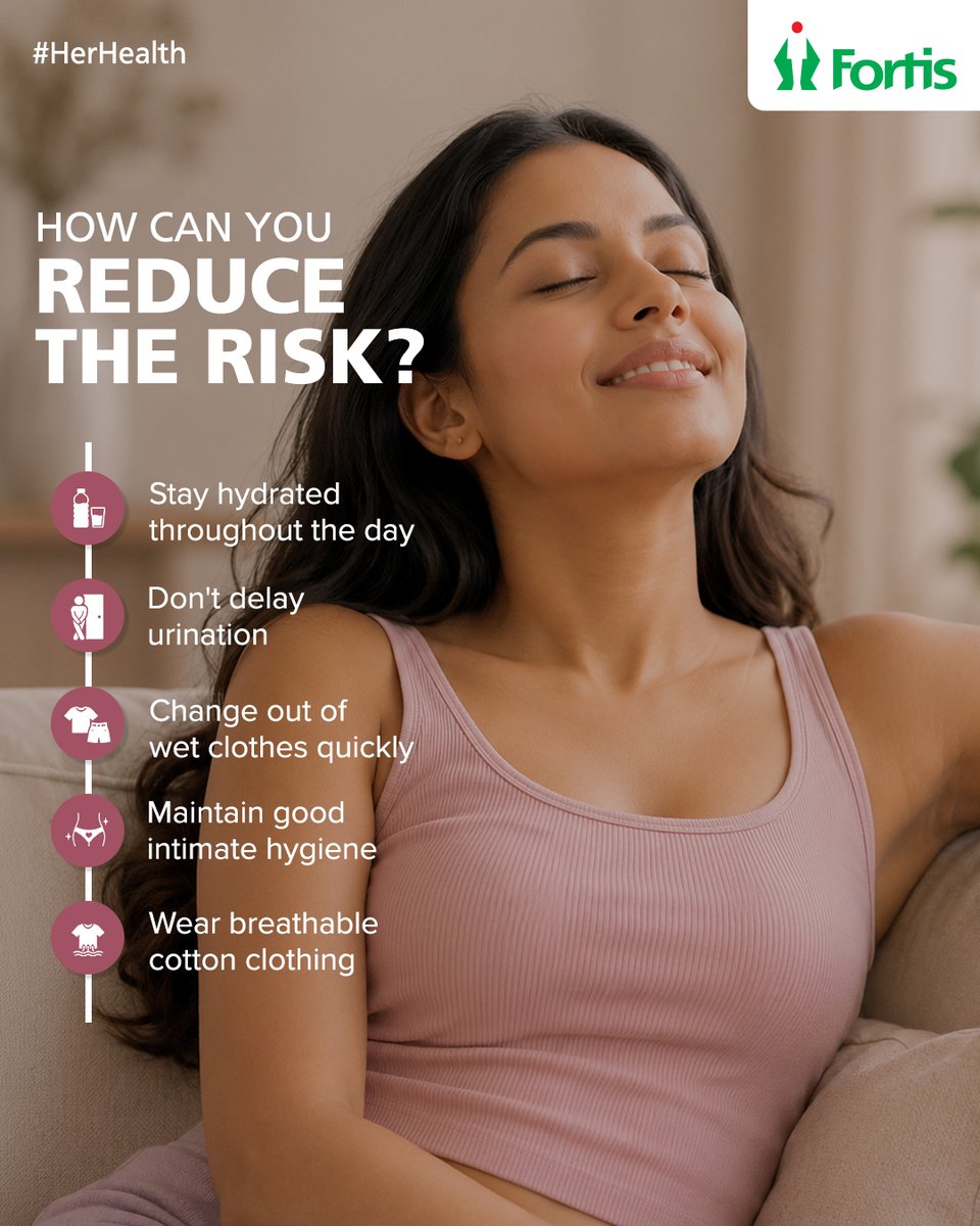 fortis_hospital's tweet photo. Monsoon may bring relief from the heat, but it can also increase the risk of urinary tract infections (UTIs). Humidity, reduced water intake, prolonged dampness, and delaying urination can create conditions that encourage bacterial growth.

Simple preventive habits like staying hydrated, maintaining good intimate hygiene, changing out of wet clothes promptly, and not holding in urine can help lower your risk. If you notice symptoms such as a burning sensation while urinating, frequent urges to urinate, or pelvic discomfort, don't ignore the signs.

Walk in to consult with our experts for timely guidance: https://t.co/QSipW186Le

#FortisHealthcare #AtFortisWeCare #HerHealth