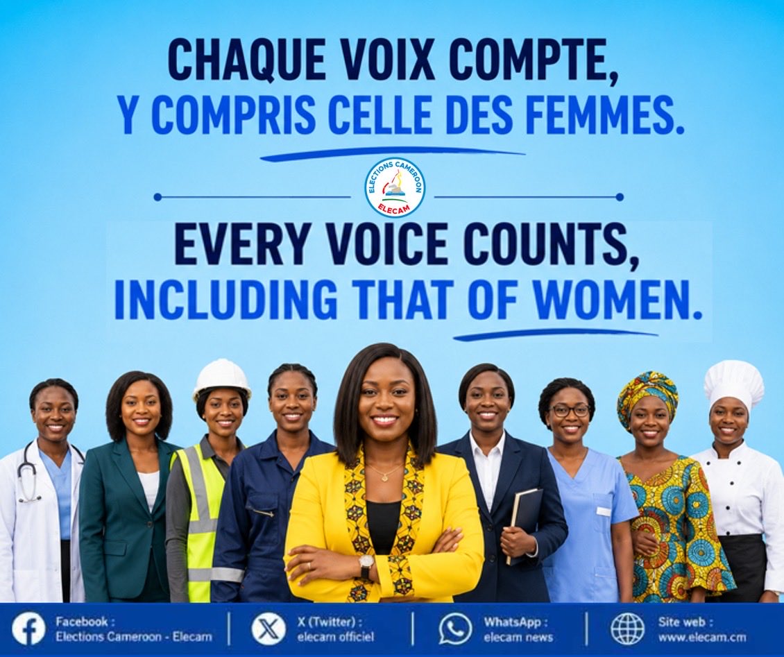 elecamofficiel's tweet photo. Every voice counts, including that of women.
#ElectionsCameroon #ELECAM #Cameroon2026 #Diaspora #WomeninDemocracy #Registernow #Makeyourvoiceheard #Elections #Vote #Yaounde #Douala #Buea #Ngaoundere #Maroua #Garoua #Bafoussam #Ebolowa #Bamenda #Bertoua https://t.co/0xG1AG6xA5