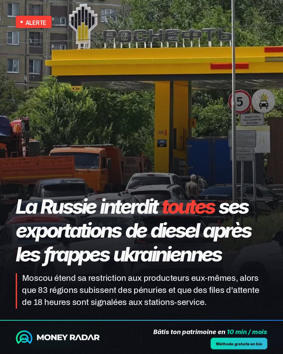 MoneyRadar_FR's tweet photo. 🚨 ALERTE : la Russie vient d'interdire TOUTES ses exportations de diesel !

Les drones ukrainiens ont mis ses raffineries à genoux : jusqu'à un tiers des capacités touchées par moments, du rationnement dans la quasi-totalité des régions, des files d'attente qui durent des heures.

Moscou, 2e exportateur mondial de diesel (environ 11 % du marché en 2025 selon Vortexa), coupe donc le robinet jusqu'au 31 juillet minimum. Et va même se mettre à IMPORTER du carburant.

L'onde de choc immédiate :
📈 prix mondial du diesel : +13 % mercredi
📈 marges de raffinage européennes : record à 60 $ le baril

La Turquie et le Brésil, privés de barils russes, vont se disputer les mêmes cargaisons que l'Europe.

Traduction pour vous : le prochain plein risque de piquer. Et à Bercy, personne n'a budgété ça.

#investissement #patrimoine #finance #economie #geopolitique #petrole #matierespremieres #moneyradar