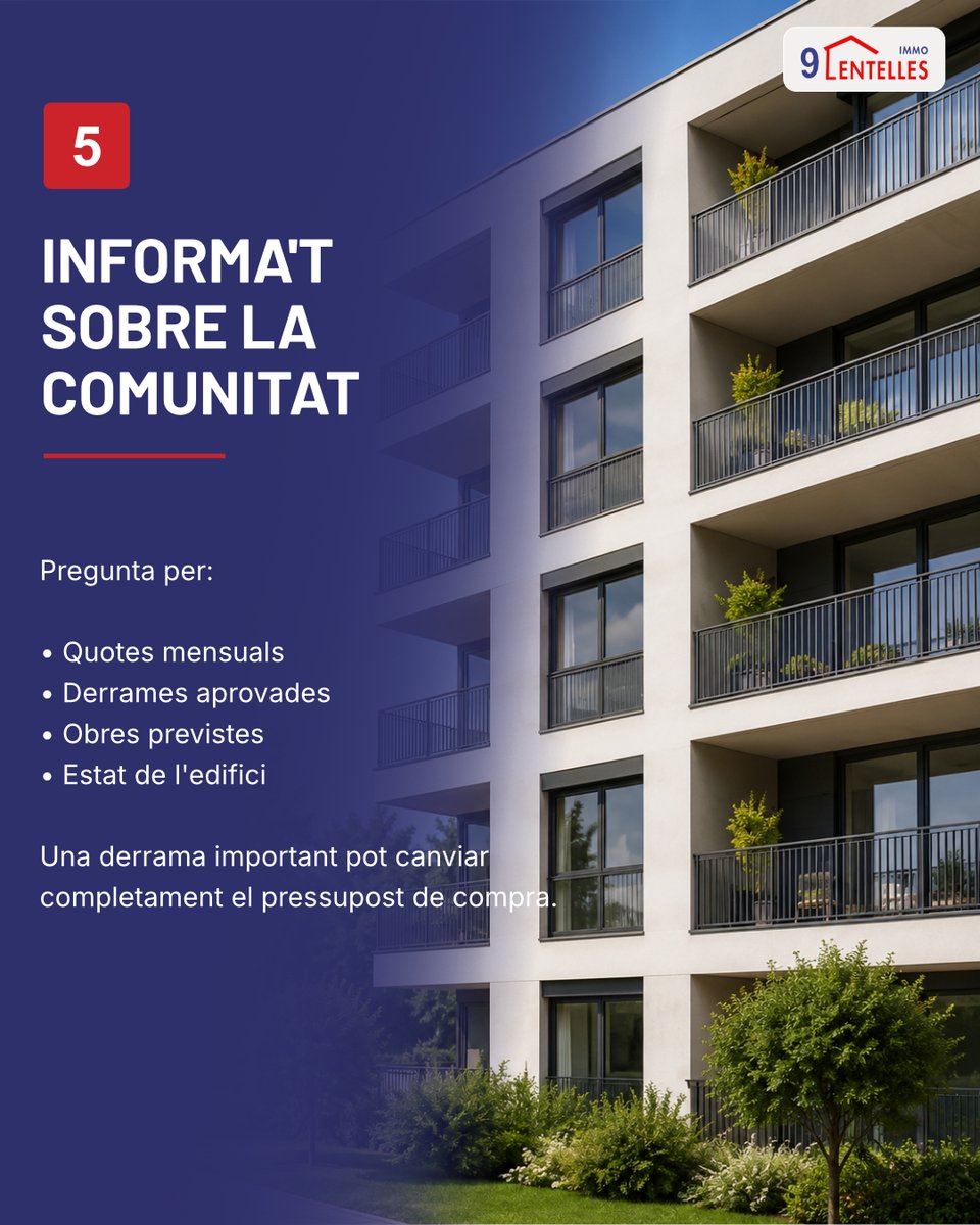 9Centellesimmo's tweet photo. 5️⃣ Informa't sobre la comunitat

Pregunta per quotes mensuals, derrames aprovades, obres previstes i estat de l'edifici. Una derrama important pot canviar completament el pressupost de compra. https://t.co/Xgn9YDa9Zd
