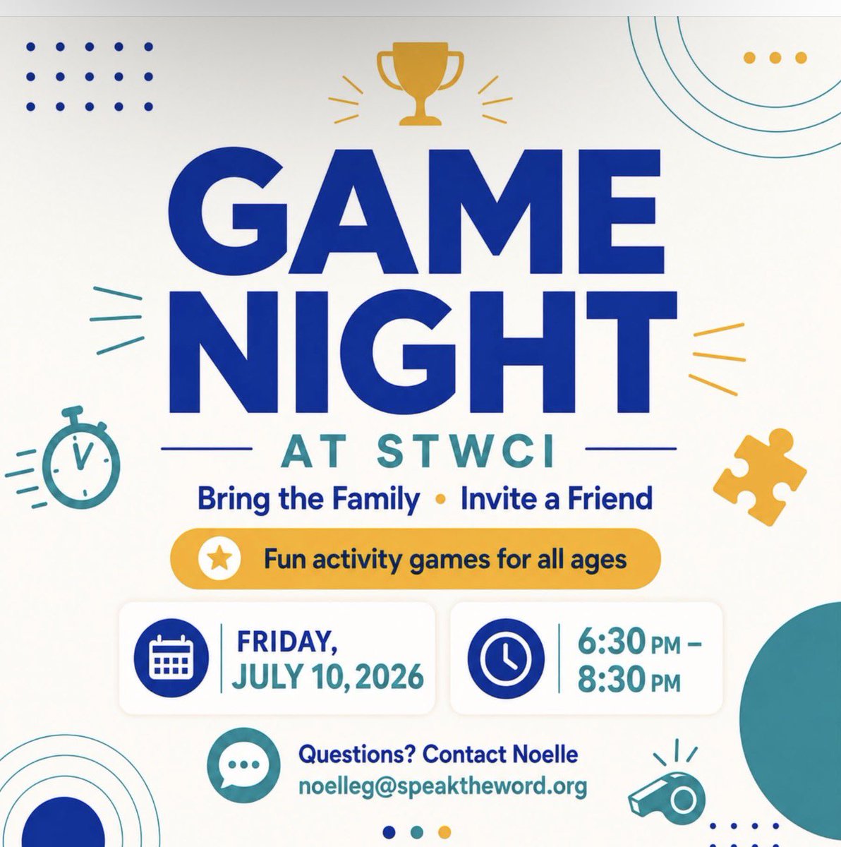 ChrisJohnson09's tweet photo. 🎉 Game Night at STWCI! 🎉
Bring the family, invite friend&amp; come ready for a fun night of games &amp;community! There will be fun activity games for all ages,everyone is welcome.
📅 Friday, July 10, 2026
⏰ 6:30 PM – 8:30 PM
Questions? Contact Noelle at noelleg@speaktheword.org https://t.co/rXwvhQznfr