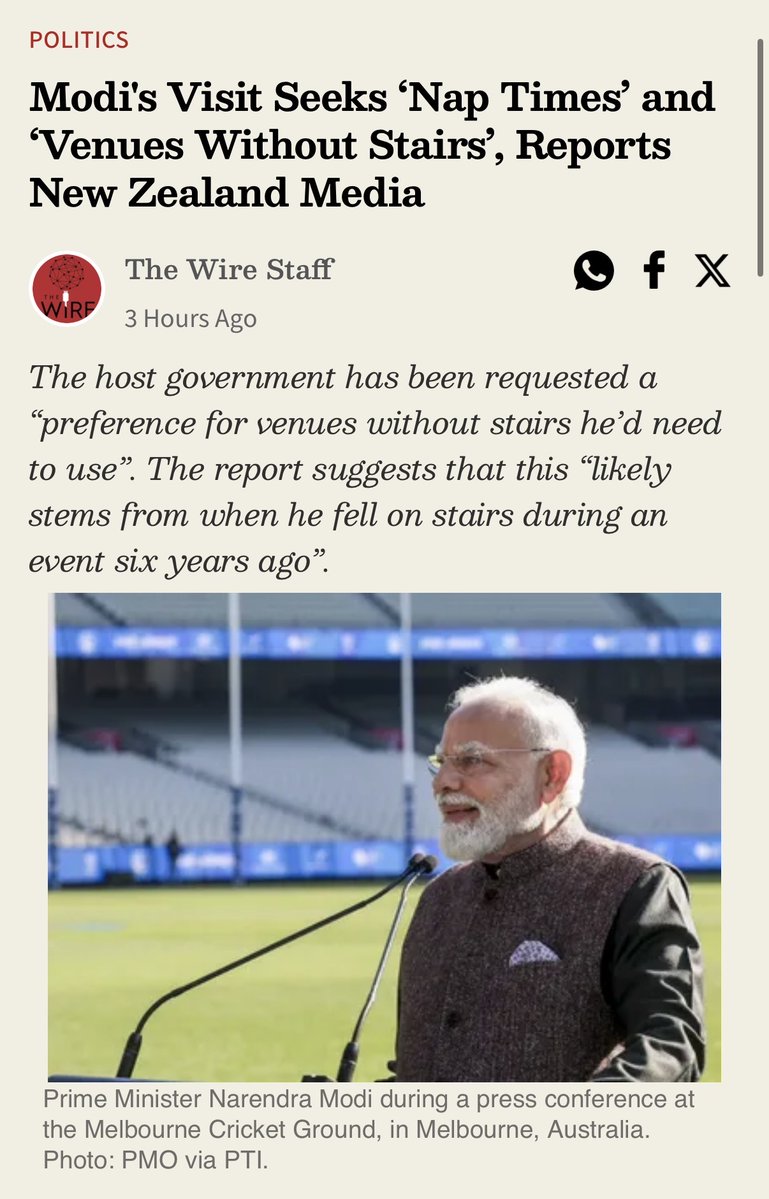 Indian_Analyzer's tweet photo. Those claiming that PM Modi is "No Longer Capable" because of his AGE should reconcile that claim with his official schedule.

On July 11 alone, he is scheduled to leave his hotel around 9:30 a.m.

Then begins a continuous series of engagements: 
- a one-on-one meeting with PM Christopher Luxon
- delegation-level talks
- an MoU exchange
- a working lunch
- a business event with CEOs
- an interaction with youth at a sporting showcase
- a meeting with the Leader of the Opposition
- Finally a community event with more than 10,000 attendees alongside PM Luxon.

After completing all of that, he is scheduled to board an overnight flight back to Delhi🤯

Of course, a busy schedule by itself does not prove anything about a person’s long-term health or fitness. 

But it does make sweeping claims that he is UNABLE to carry out the demands of office harder to sustain without stronger evidence than simply pointing to his age.