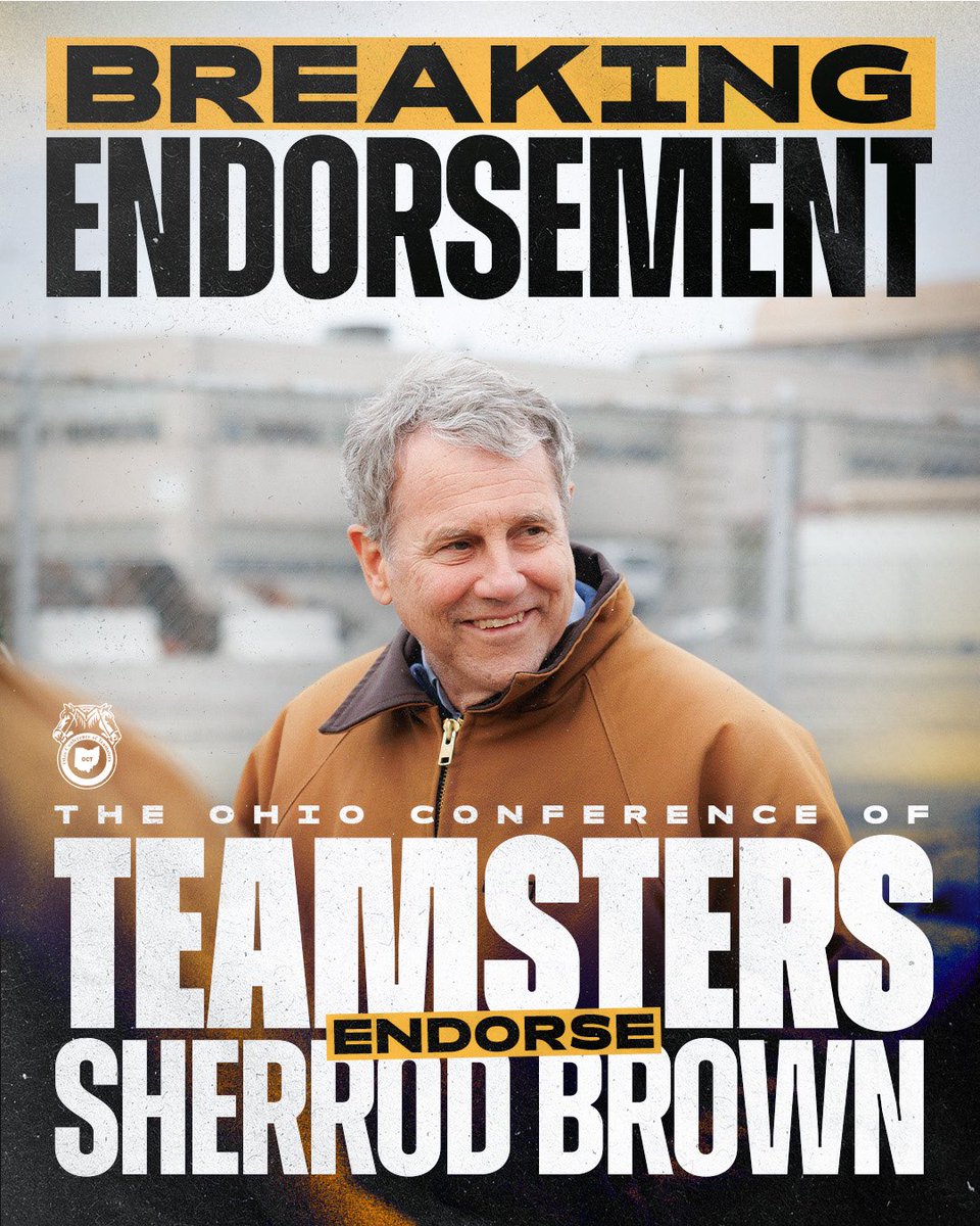 SherrodBrown's tweet photo. Thank you to the Ohio Conference of Teamsters for your endorsement. You have taught me so much about what it means to fight for hardworking Ohioans. When you love this country, you fight for the people who make it work, and I'm proud to be in that fight with you. https://t.co/jhFfqgHbIt