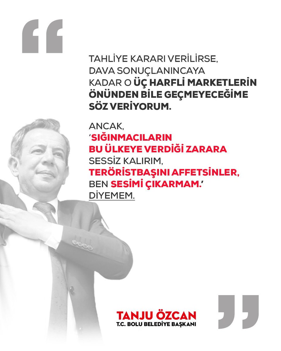 tanjuozcanchp's tweet photo. Tahliye kararı verilirse, üç harfli marketlerin önünden geçmeyeceğime söz veriyorum. Ancak, ‘SIĞINMACILARIN BU ÜLKEYE VERDİĞİ ZARARA SESSİZ KALIRIM, TERÖRİSTBAŞINI AFFETSİNLER, BEN SESİMİ ÇIKARMAM.’ diyemem. https://t.co/zJGBhrCFuK