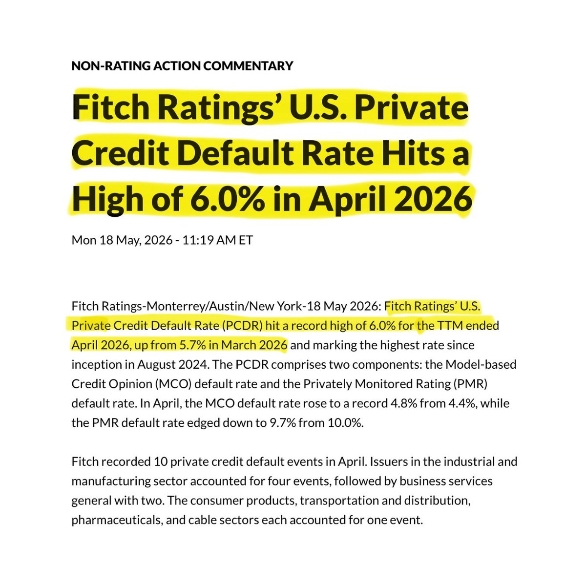 BullTheoryio's tweet photo. 🚨 PRIVATE CREDIT MAY BE THE TRIGGER FOR THE NEXT FINANCIAL CRISIS.

Private credit defaults just hit their highest level ever recorded. Fitch's U.S. Private Credit Default Rate hit 6.0% through April 2026. 

That's the highest since this data started being tracked in 2024. 

Just three months earlier, in January, it was 5.8%, which was already a record at the time. For all of 2025, defaults came in at 9.2%, beating the old record of 8.1% set in 2024.

And the real number is worse than what's reported.

Some borrowers are avoiding an official default by paying their interest with more debt instead of cash. This is called a PIK loan. 

The lender still counts it as income, even though no actual cash came in. This practice has more than doubled since 2022, from 5% to 11% of all private credit loans. 

Companies using this method have pushed their debt up to 76% of their total assets, up from 40% three years ago. It's a way of delaying a default, not avoiding one.

Two of the biggest lenders, Ares Capital and Blue Owl, both said around 15% of their income last year came from these non-cash payments. The clearest real example of the risk is Medallia. 

Thoma Bravo bought the software company for $6.4 billion in 2021. Its revenue later stalled because of AI competition, and lenders had to take control of the company. $5.1 billion in shareholder value was wiped out, and the loans were marked down to 60 cents on the dollar. 

Blackstone, Apollo, and FS KKR all took losses on this deal.

Software companies are a big part of the risk here, making up somewhere between 19% and 35% of private credit loans, depending on the estimate. Morgan Stanley expects 11% of these loans to come due by the end of 2027, with another 20% due the year after. 

That's when companies will need to refinance old debt, and many may not be able to on the same terms.

At the same time, investors are trying to pull their money out of these funds. In the first quarter of 2026, they requested $13.9 to $20 billion in withdrawals. Only about $7.4 billion, roughly half, was actually paid out. 

Some investors selling their positions on the secondary market are accepting 30% to 65% less than the fund's stated value, just to get their cash back sooner.

The part that gets the least attention is who actually holds this risk. U.S. life insurance companies hold $849 billion in private credit. If defaults keep rising, insurers are the ones who absorb it, not banks. 

That risk moves quietly through retirement and insurance policies, long before it shows up as a major headline.

Warren Buffett has said the risk is more serious than that, pointing to how connected banks already are to this market. Either way, the default rate is already at a record, and the loans most at risk from AI disruption haven't come due yet.