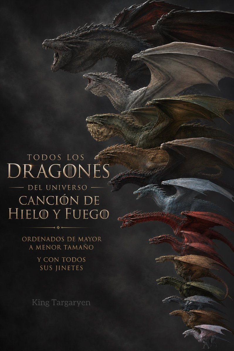 KingTargaryenn's tweet photo. En esta lista os dejo todos los dragones del universo de Canción de Hielo y Fuego, ordenados de mayor a menor tamaño, junto a todos los jinetes que los montaron a lo largo de la historia:

1. BALERION ‘EL TERROR NEGRO’

JINETES:

* Aegon Targaryen ‘El Conquistador’
* Maegor Targaryen
* Aerea Targaryen
* Viserys Targaryen

2. VHAGAR

JINETES:

* Visenya Targaryen
* Baelon Targaryen
* Laena Velaryon
* Aemond Targaryen

3. MERAXES

JINETES:

* Rhaenys Targaryen

4. THE CANNIBAL 

Dragón salvaje sin jinete

5. VERMITHOR

JINETES:

* Jaehaerys Targaryen
* Hugh ‘El Martillo’

6. SILVERWING 

JINETES:

* Alysanne Targaryen
* Ulf ‘El Blanco’

7. DREAMFYRE

JINETES:

* Rhaena Targaryen
* Helaena Targaryen

8. SHEEPSTEALER (ROBAOVEJAS)

JINETES:

* En Fuego y Sangre: Ortigas
* En House of the Dragon: Rhaena Targaryen

9. MELEYS

JINETES:

* Alyssa Targaryen
* Rhaenys Targaryen

10. DROGON

(Teniendo en cuenta su tamaño al final de Game of Thrones, no en los libros.)

JINETES:

* Daenerys Targaryen

11. RHAEGAL Y VISERION

(Según su tamaño al final de Game of Thrones, no en los libros.)

JINETES:

* Jon Snow (Rhaegal)
* El Rey de la Noche (Viserion)

12. CARAXES

JINETES:

* Aemon Targaryen
* Daemon Targaryen

13. SYRAX

JINETES:

* Rhaenyra Targaryen

14. SUNFYRE

JINETES:

* Aegon II Targaryen

15. SEASMOKE (BRUMA)

JINETES:

* Laenor Velaryon
* Addam Velaryon

16. TESSARION

JINETES:

* Daeron Targaryen

17. MOONDANCER

JINETES:

* Baela Targaryen

18. VERMAX

JINETES:

* Jacaerys Velaryon

19. ARRAX

JINETES:

* Lucerys Velaryon

20. GREYGHOST 

Dragón salvaje sin jinete

21: DROGON, RHAEGAL Y VISERION (LIBROS)

(Tamaño aproximado en el quinto y último libro “Danza de Dragones”.)
