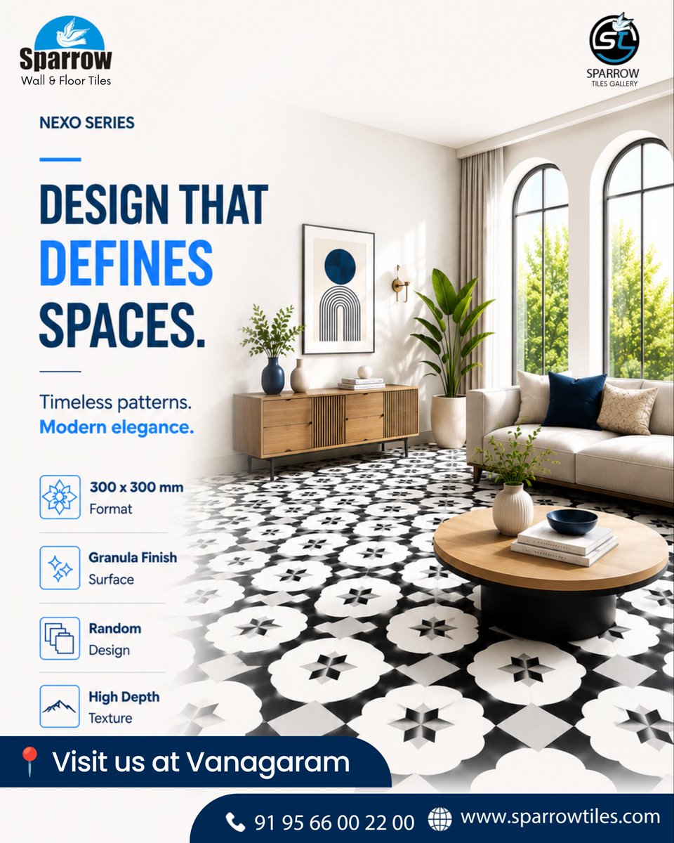 SparrowTiles's tweet photo. ✨ Design That Defines Every Space.

Discover the Nexo Series from Sparrow Tiles—timeless patterned floor tiles crafted with a premium granula finish for elegant modern interiors.

📏 300 × 300 MM

📍 Visit our Vanagaram Showroom, Chennai

#SparrowTiles #NexoSeries #DesignerTiles https://t.co/LQrvZ0dfZx