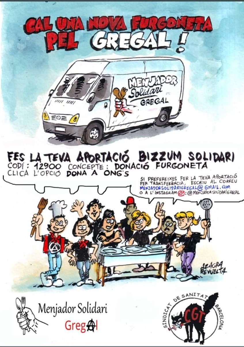 CGTBarcelona's tweet photo. 🪭 Ventalls en venda a CGT Sanitat Barcelona 🔴⚫️ a C/ Pare Laínez 18-24 https://t.co/XdNPmTkmK0 o bizum solidari 12900 (Concepte "Donacio furgoneta") per una furgo 🚛 pel @MenjadorGregal .
 
La solidaritat, és la nostra millor arma 💪🏴 https://t.co/x6KYEUpSuQ