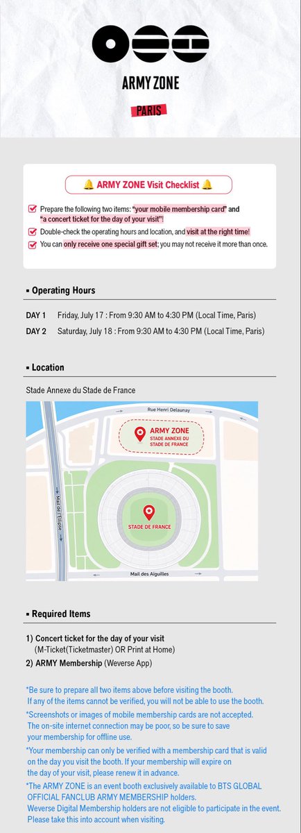 ARIRANGWT's tweet photo. BTS WORLD TOUR ARIRANG in Paris will have an Army Zone!

📍Stade Annexe du Stade de France
📆 Day 1: July 17, 09:30-16:30 (CET)
📆 Day 2: July 18, 09:30-16:30 (CET)

#BTS #BTS_WORLDTOUR #BTS_WORLDTOUR_ARIRANG #BTS_WORLDTOUR_PARIS https://t.co/B1cIAiUg19