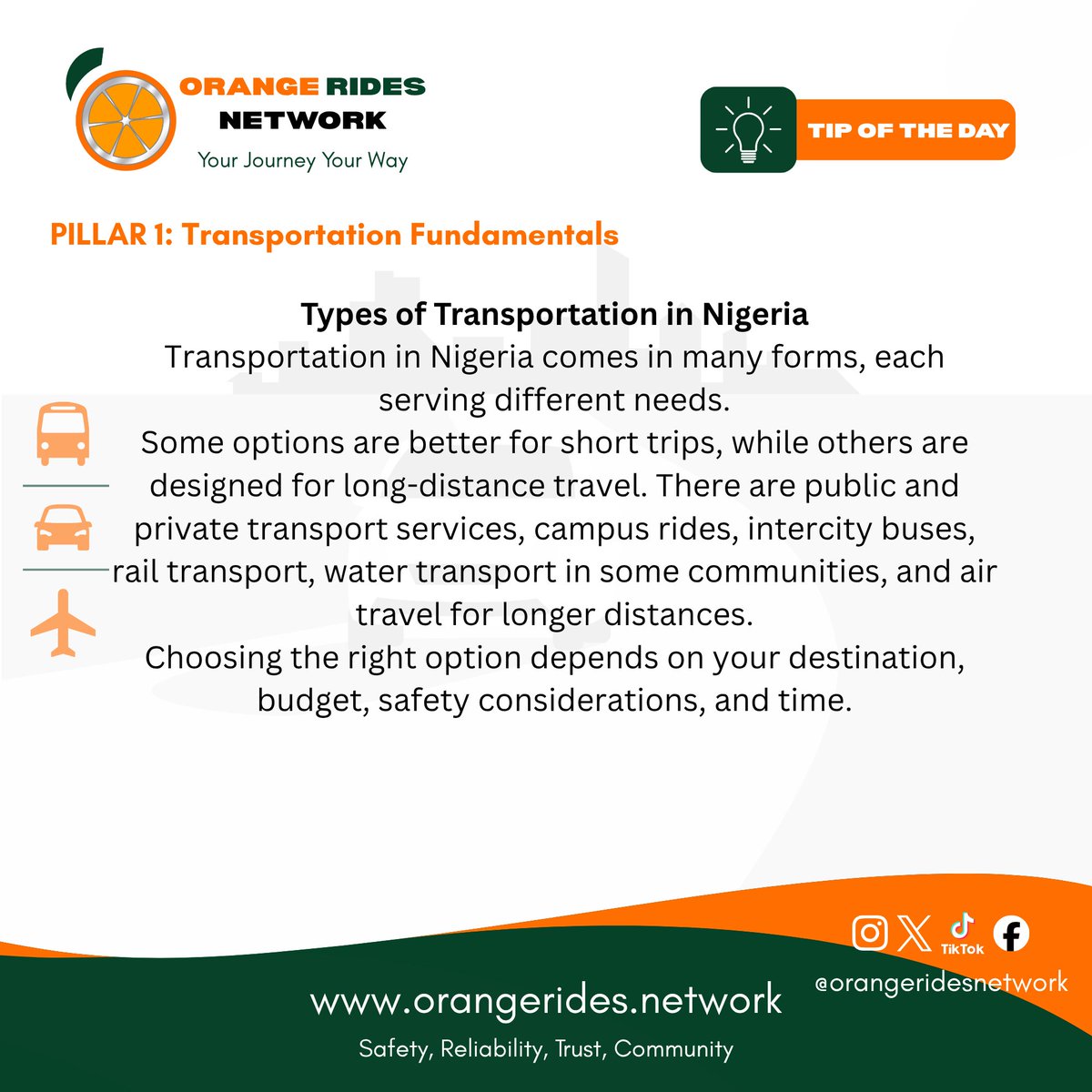 Orange_Rides's tweet photo. Every trip begins with choosing the right way to travel.

Today's Transportation Academy lessons explore the types of transportation in Nigeria and how people move within and between cities.

#OrangeRidesNetwork #ORNSound #TransportEducation #TravelSmart https://t.co/fK9vwr830k
