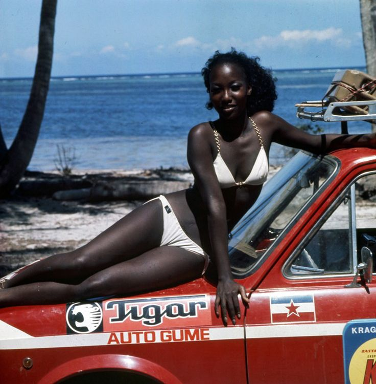YugoslavVisuals's tweet photo. Tanzanian model Winnie Kibuye posing on a Zastava Skala car during the 1975 AutoSlavia "Expedition Kragujevac - Kilimanjaro" campaign. https://t.co/Z7cGS5y7ZI