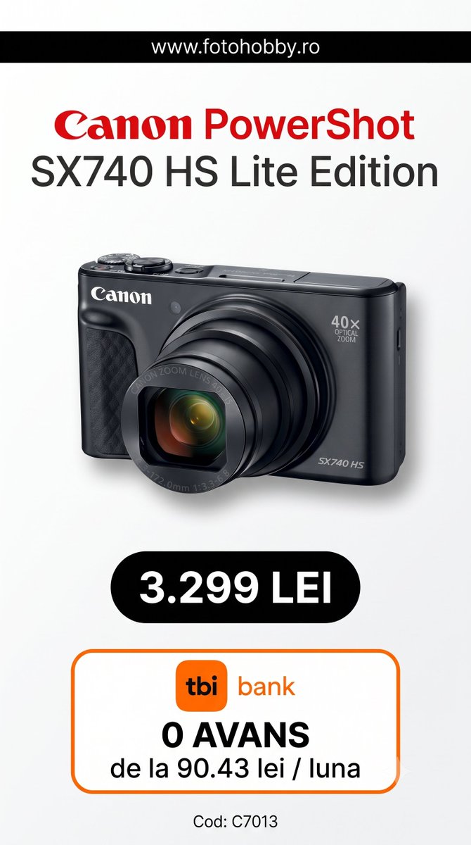 hobby_foto's tweet photo. Canon PowerShot SX740 HS (Black) Lite Edition Travel! ✈️🌍 Zoom optic 40x și design super compact, ideal pentru orice destinație. 💰 Preț: 3.299 Lei -  Ai finanțare rapidă prin TBI Bank!
✅ 0 AVANS ✅ Rate super avantajoase începând de la doar 90.43 lei / lună! 🙌 https://t.co/yiNMXIjc7w