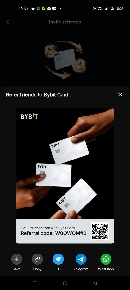 wahyuffeth's tweet photo. Hello Trader,

Want to earn rewards while sharing the benefits of the @Bybit_Official Card with your friends?

Invite eligible friends to apply for a Bybit Card and get rewarded when they complete the qualifying requirements.

Earn rewards when your friends get a Bybit Card:

- Get 20 USDT for every successful referral
- Your friend gets 10 USDT

How it works

1. Share your referral link or code.
2. Your friend applies for a Bybit Card using your referral.
3. Your friend spends 100 USDT with their Bybit Card.

Once all requirements are met, the rewards will be credited to the eligible accounts.

https://t.co/wt8BSog8NB