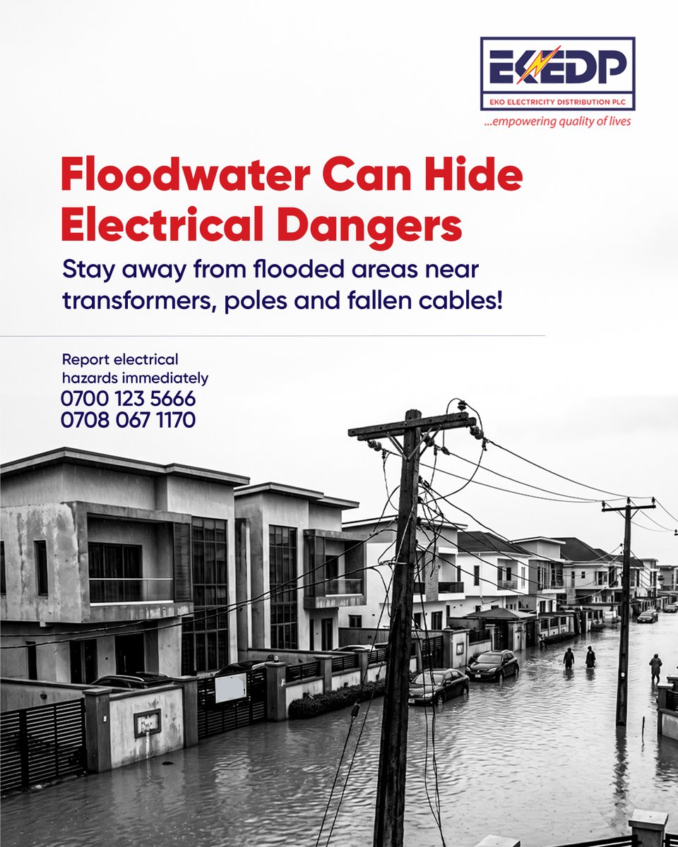 EKEDP's tweet photo. 🌧️ Lagos is currently experiencing heavy rainfall, and many of our streets are flooded. Please remember that floodwater can easily conceal live electrical dangers.

As you navigate the roads today, avoid walking or driving through flooded areas where electrical installations, poles, or fallen cables are present. If you spot any hazard in your area, keep others far away and report it immediately. 🛑

🚨 Report instantly to our Customer Care lines:
📞 0700 123 5666 or 0708 067 1170.

Please stay safe and stay weather-aware! 🛟
#EKEDP #Lagos #SafetyFirst #Electricity