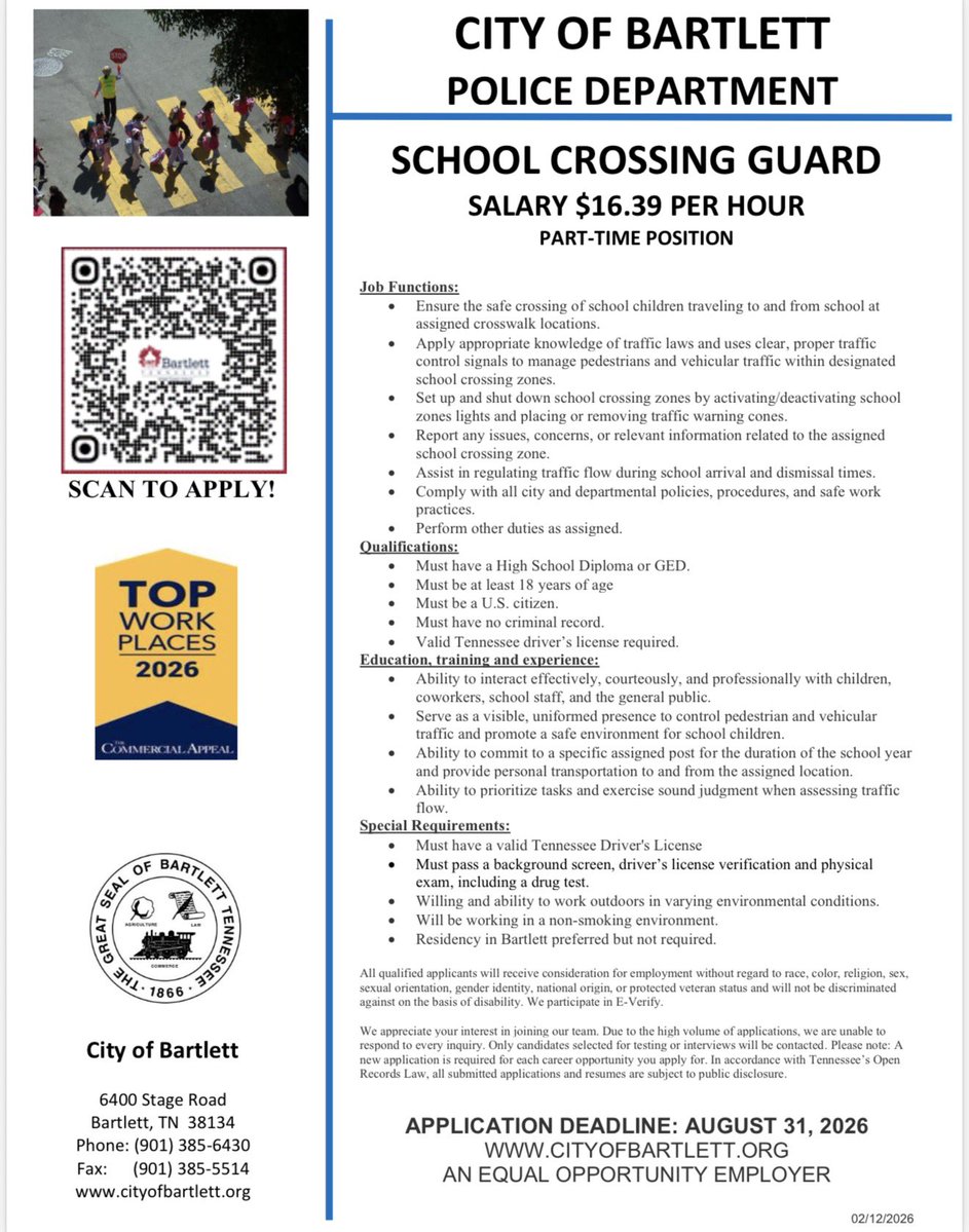 BARTLETTPOLICE's tweet photo. School ain’t back yet, but we’re looking for a Crossing Guard or two. Come join our team! https://t.co/WiBPhdn1pi