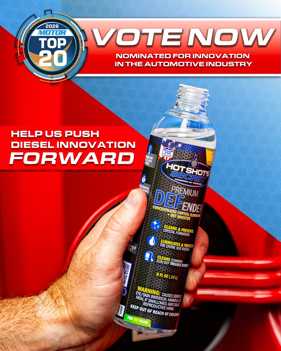 HotShotsSecret1's tweet photo. We need your vote! 🏆 Premium DEFender has been nominated for the MOTOR Top 20 Awards!

Take a minute to cast your vote and show your support for the protection your diesel deserves. Every vote counts!

#HotShotsSecret #PoweredByScience #HotShotsNation https://t.co/I3xxfQv4X3