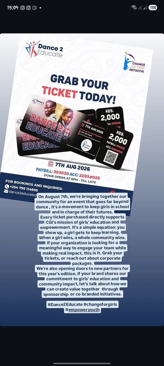 Change_Forgirls's tweet photo. This is more than dance. This is purpose. This is impact. This is legacy.
📍 Nairobi
📅 Main Event: August 7th 2026
📩 Ready to partner? DM us or email: dance2educate@gmail.com

Let’s move for a cause. Let’s Dance2Educate 💃🏾🔥
#Dance2Educate #changeforgirls #changemakers https://t.co/WtPUqGsqzk