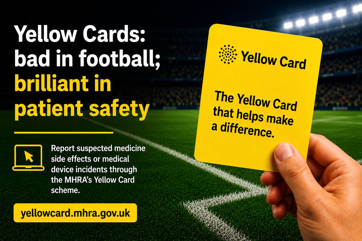 MHRAgovuk's tweet photo. ⚽ Yellow Cards: bad in football; brilliant in patient safety. 

Every Yellow Card report helps us build a better picture of the safety of medicines and medical devices. 

💛 https://t.co/kai2UB7Y2r https://t.co/3hNIwIVdk8
