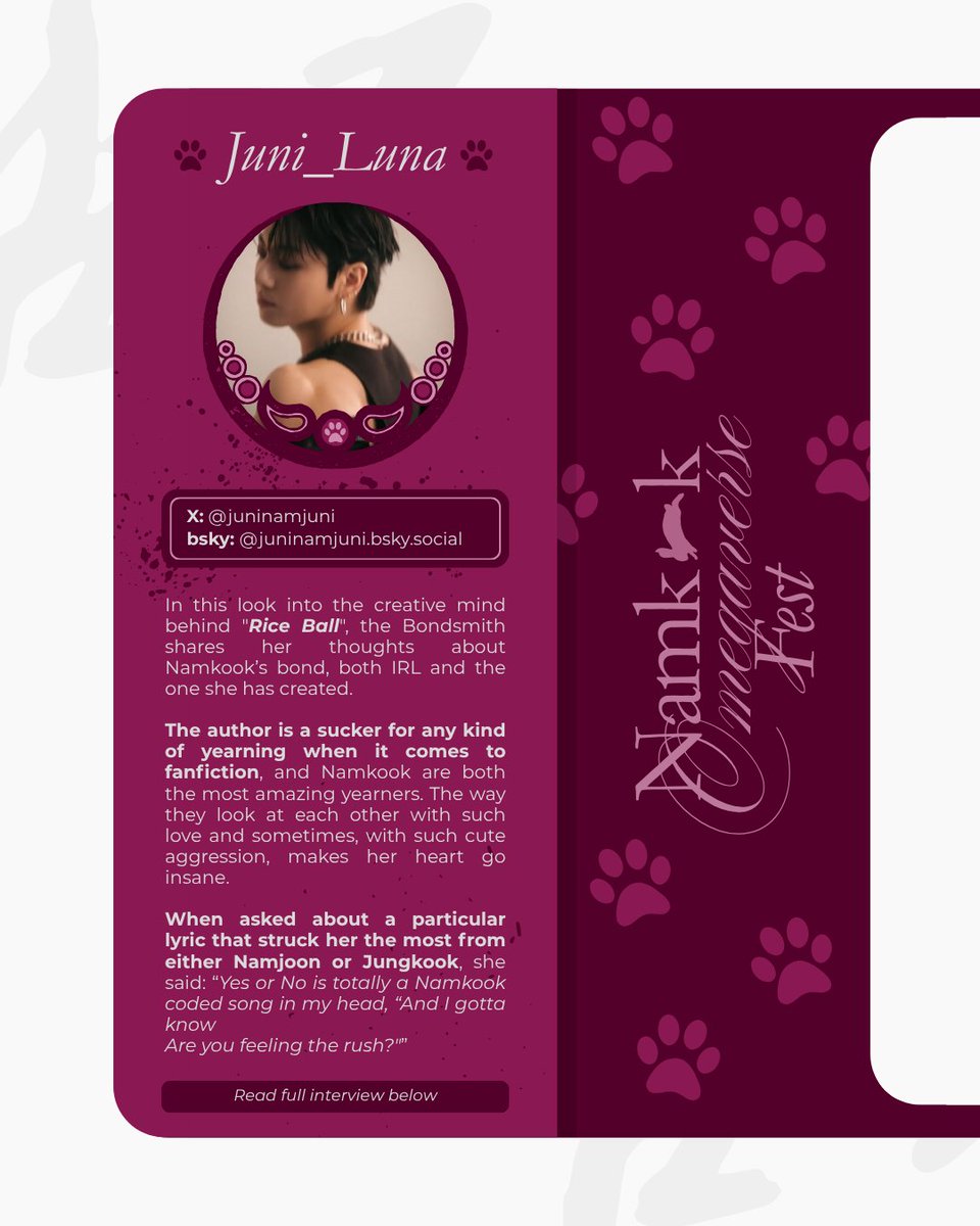 namkookomgvfest's tweet photo. 🐺 Meet packmate and author of 𝑅𝑖𝑐𝑒 𝐵𝑎𝑙𝑙 .ᐟ
   ⤷ Juni_Luna 🖋

⚔️: @juninamjuni
📚: https://t.co/45wv9mM929
🦋: https://t.co/2ANfE4WGpP

🎙️ Read the full interview below about her thoughts on Namkook's bond, both IRL and the one she's created 🤍 https://t.co/6SRtCmMBvP