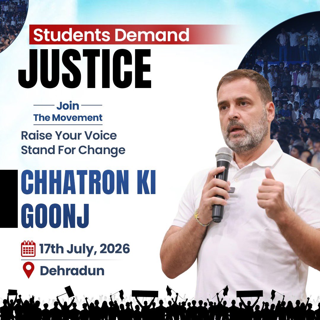 INCJammuKashmir's tweet photo. The future of India begins with its students.

#ChhatronKiGoonj is a call to protect their dreams and ensure justice for every student.

Join the movement on 17th July, 2026 in Dehradun. 

Click here for registration: https://t.co/kAT4KaJ98M… https://t.co/gRC9uC72PF