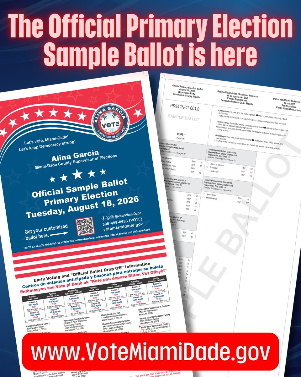 VoteMiamiDade's tweet photo. 🗳️ The Official Primary Election Sample Ballot is now LIVE! ¡La Boleta Oficial de Muestra para la Elección Primaria ya está disponible! 🌐 https://t.co/BC3musiNeM #BeElectionReady #OurCounty https://t.co/2qjPOxvall