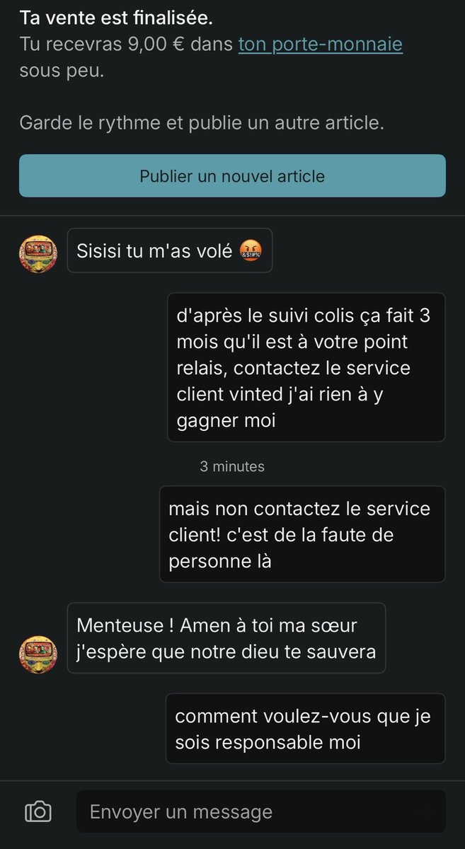 bebebiche's tweet photo. petite histoire vinted :3
contexte: elle m'a mis une étoile car le colis que je lui ai envoyé a été perdu (ça fait 3 mois qu'il est dans son point relais) donc je lui ai envoyé un message et mis 1 étoile en retour pour dire que ce n'était pas ma faute https://t.co/1KPo9YRXaS