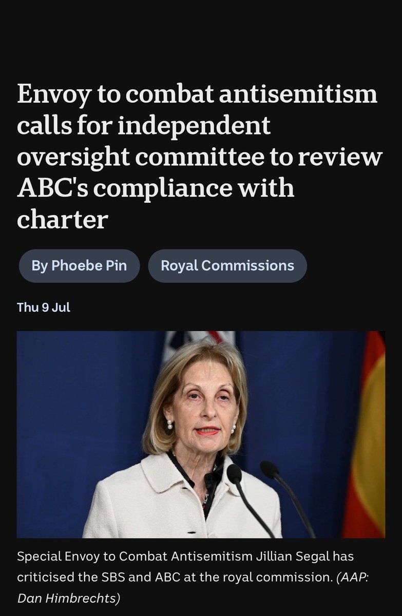 Sahar_A_Writes's tweet photo. Delusional.

Jillian Segal told the Royal Commission ABC &amp; SBS coverage of Israel's "response" in Gaza leaves an "impression of great negativity about Israel".

When the "response" is a blatant genocide, negativity is the natural consequence. It is not a media fabrication #auspol https://t.co/RJ4omlomd1