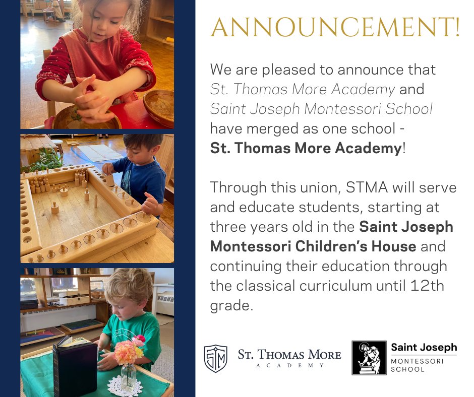 stmasb's tweet photo. We are excited to announce our new Montessori Children's House through a merger with Saint Joseph Montessori School! 

Learn more: https://t.co/lr4T06yQVR

#Montessori #ClassicalEducation #GoClassical https://t.co/xl4GUpaybX