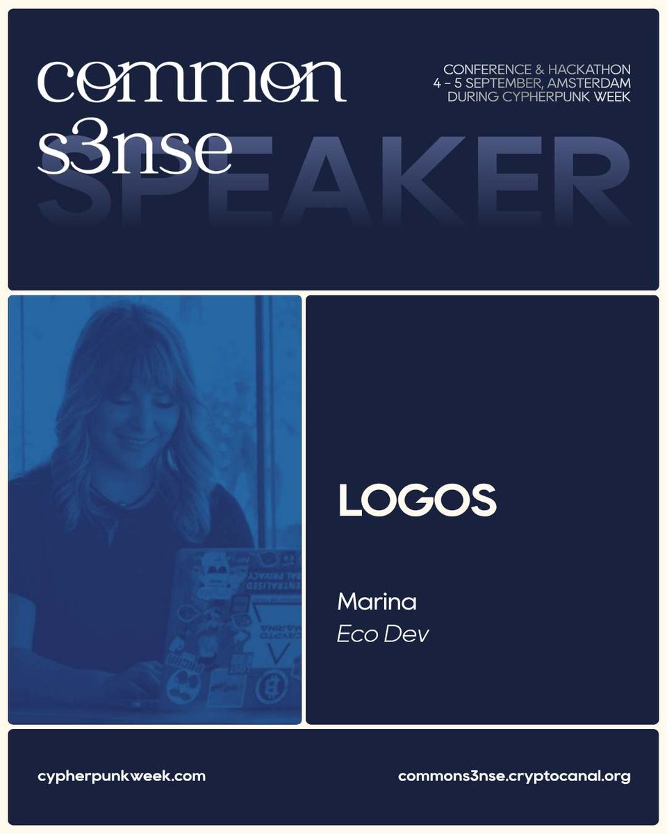 CryptoCanal's tweet photo. "Protecting individual freedom while enabling collective coordination."

That's @Crypto_marina mission helping build the Institute of Free Technology at @Logos_network

As Ecosystem Development & Growth Lead, she's spent more than a decade growing privacy-first ecosystems, including Nym, Flow, Dapper Labs, and more. 
Her work focuses on turning cypherpunk principles into resilient, sovereign infrastructure that people can actually use.

She'll be taking the stage at Common S3nse.

Privacy • Security • DeFi
 📍 Amsterdam
 📅 September 4-5

Are you joining the Privacy Renaissance?