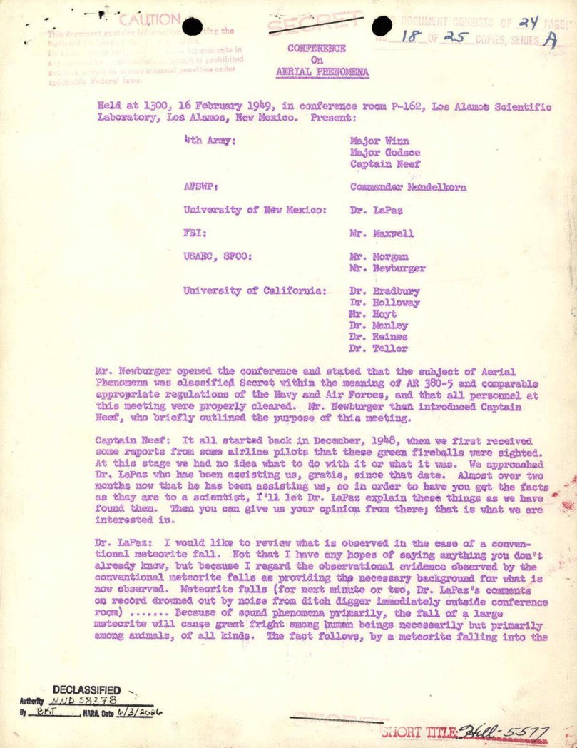 TheInsiderPaper's tweet photo. JUST IN - Pentagon UFO files: Newly released documents contain the transcript of a secret 1949 Los Alamos meeting where military officials and leading scientists investigated mysterious green fireballs seen near New Mexico’s nuclear facilities. Witnesses described silent, intensely glowing objects traveling horizontally at constant speeds, unlike ordinary meteors.