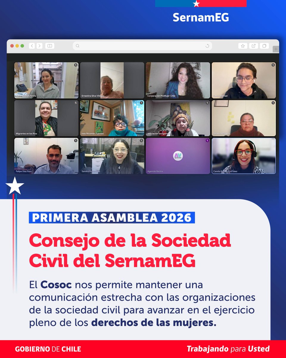 SernamEGChile's tweet photo. 👏Realizamos la primera sesión 2026 del Consejo de la Sociedad Civil instancia encabezada por el director nacional (s) Felipe Díaz Rain. 
El Cosoc nos permite mantener el trabajo con organizaciones de la sociedad civil, para así avanzar en el ejercicio los derechos de las mujeres https://t.co/HR8TefqKw4