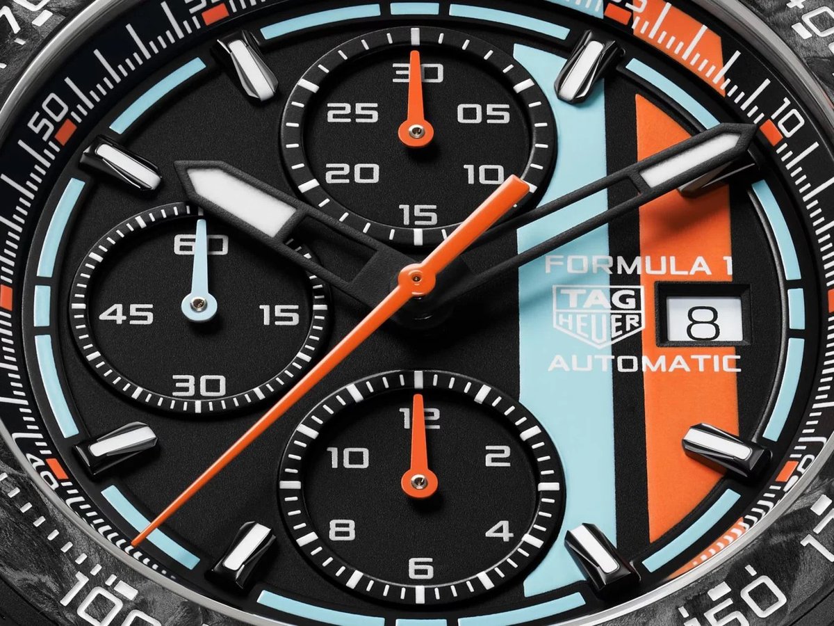 TAGHeuer's tweet photo. "Some watches whisper. This one has racing stripes." 

@IamDMarge explores how the new TAG Heuer Formula 1 Automatic Chronograph X Gulf understood the brief of not playing it safe.​

Read all about it at: https://t.co/udSDtvZw7v​

#TAGHeuer #TAGHeuerFormula1 https://t.co/gmFp0S42pk