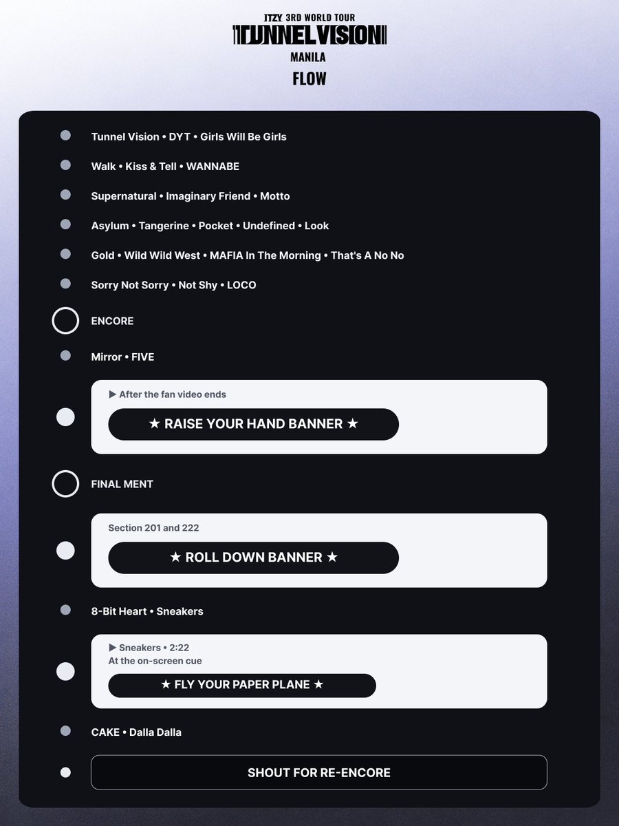 ITZYinMANILA's tweet photo. WAIT WAIT WAIT! 

Before the concert, make sure to get familiar with the fan projects run through the concert set list. We have to know when and what’s the correct timing, right?

Timing is the key, guys! 🤩

See you!

#ITZY
#ITZY_WORLD_TOUR
#ITZY_TUNNELVISION_MANILA
#ITZYinManila